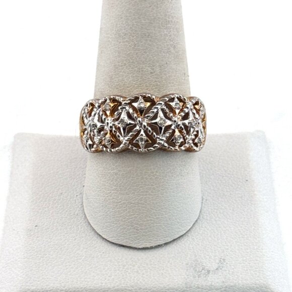 Estate Sterling Silver 925 Wide Filigree Band Ring, Gold Accents, Size 10, 5.4g - Picture 1 of 8
